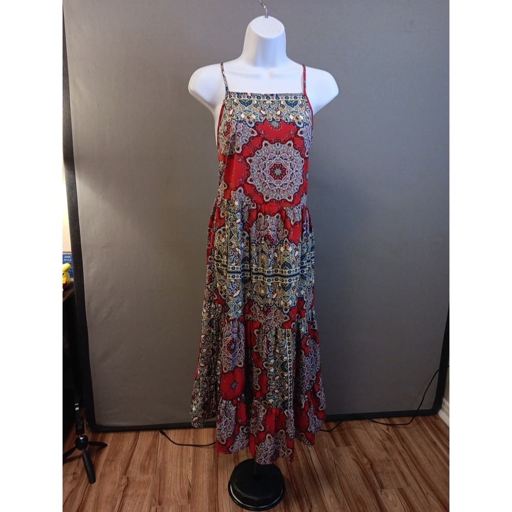 BOG Collective Red Colorful Mandala Tiered Dress Size Medium